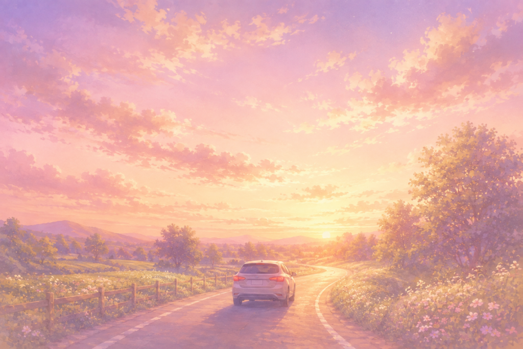 夕方の田舎道を走る車と、オレンジ色の空