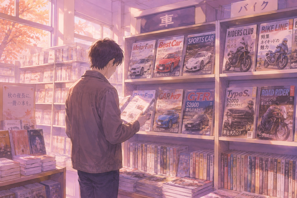 書店の車とバイクの雑誌コーナーで立ち読みする男性