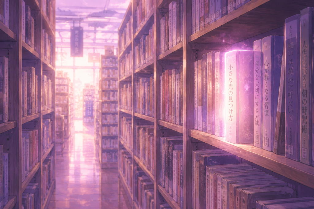 書店の本棚で、一冊の本だけがやわらかく光っている