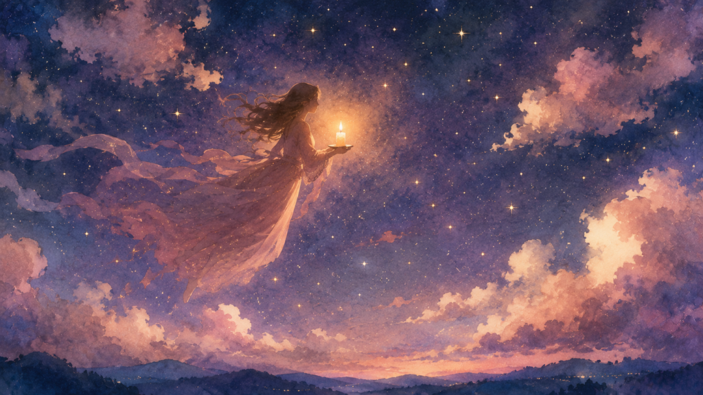 ろうそくを持って夜空を飛ぶ天使