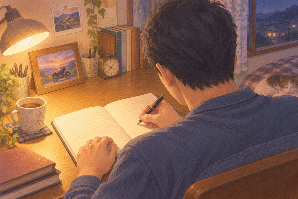 夜、A4ノートに手書きでいいこと日記を書くタカの後ろ姿
