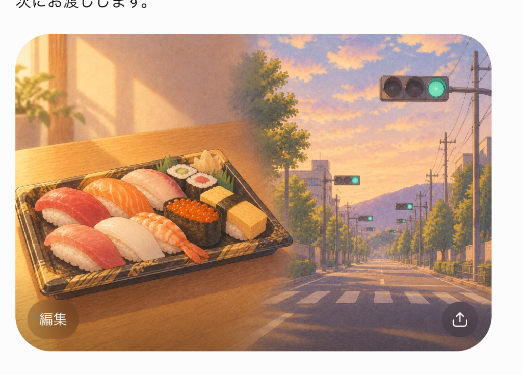 食べたいと思っていたお寿司と青信号が多かった日のイラスト
