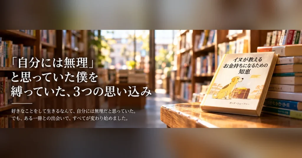 本棚が並ぶ温かな書店を背景に、思い込みについてのタイトルと本のイメージを描いたアイキャッチ画像