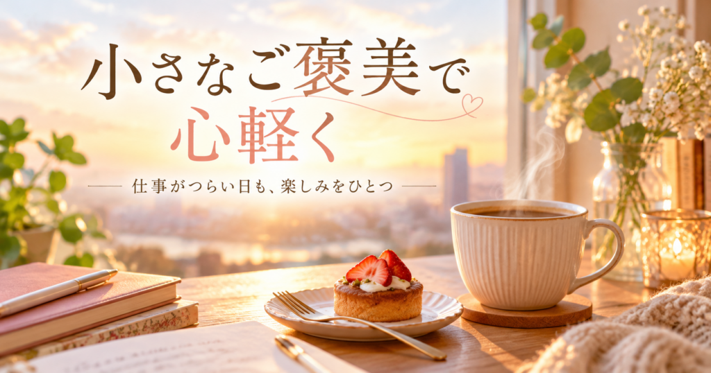 温かな光が差す机の上のコーヒーとケーキ。仕事の合間や一日の終わりに楽しむ小さなご褒美