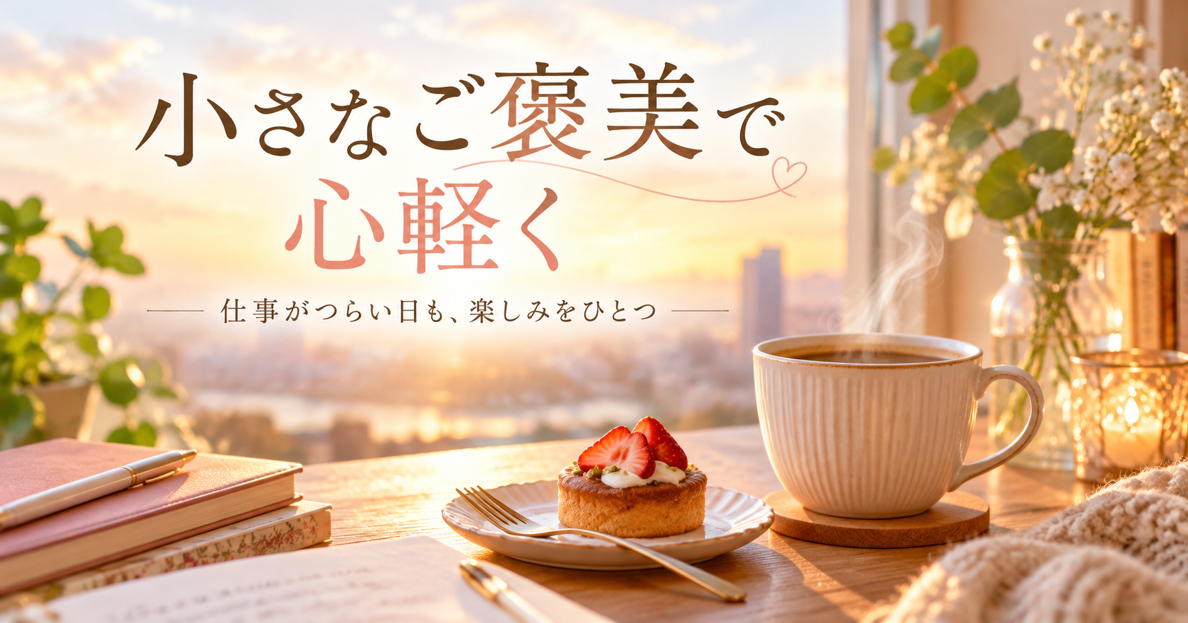 温かな光が差す机の上のコーヒーとケーキ。仕事の合間や一日の終わりに楽しむ小さなご褒美